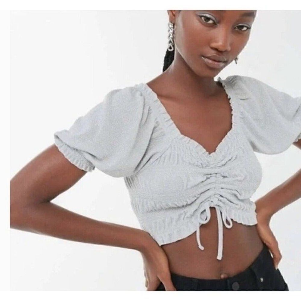 Urban Outfitters Lrg Shay Puff Sleeve Ruched Cinched Crop Top Grey Glitter NWT